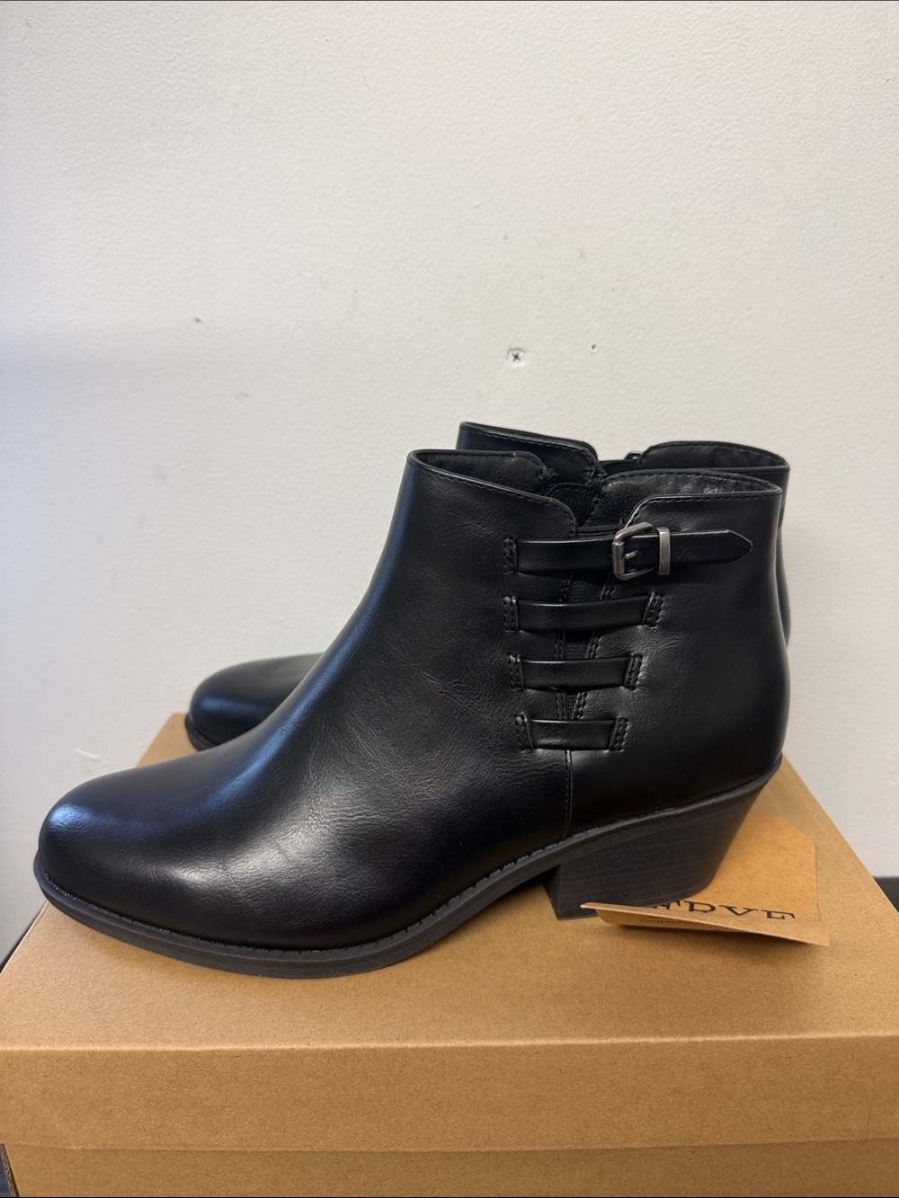 FRYE AND CO. Black Leather Ankle Boot with Buckle Strap Detail